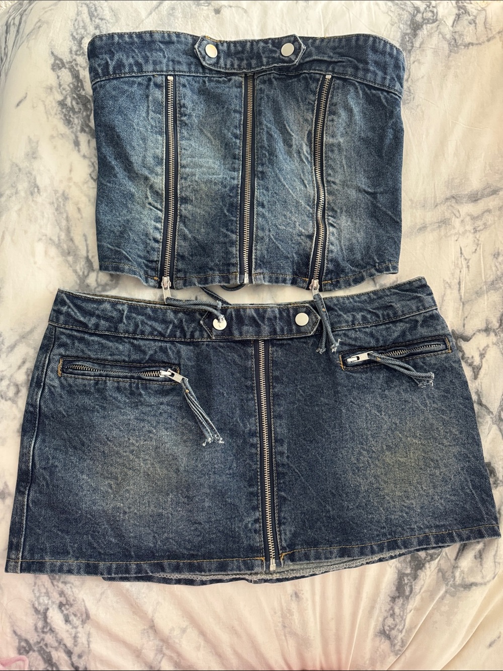 Edikted Washed Blue Denim Mini Skirt and Corset Top with Front Zippers